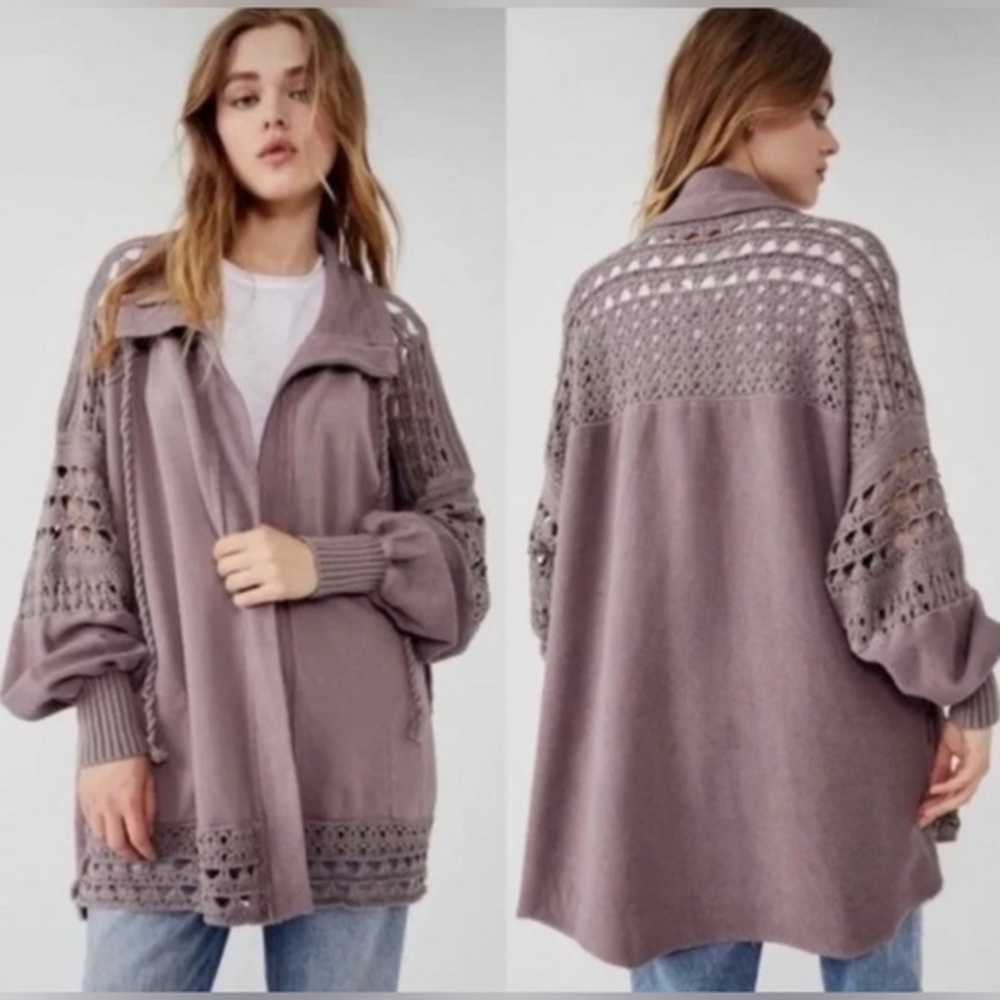 NWT Free People S Dune Bug Cardi in Elderberry Purple Crochet Zip Up New $168